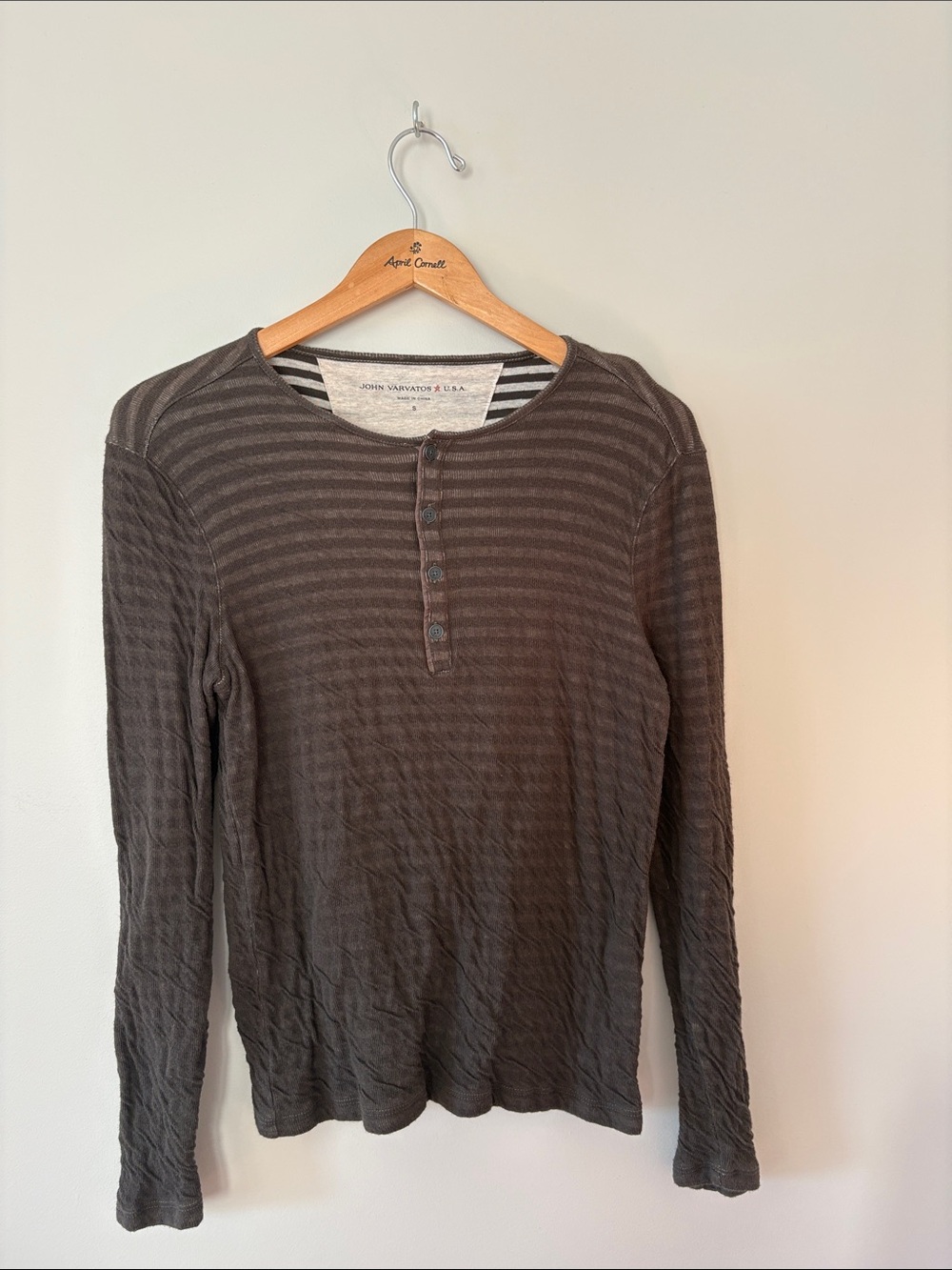 John Varvatos Men's Long Sleeve Striped Henley in Brown & olive green